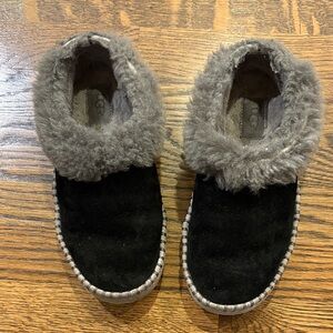 UGG Black Suede Slippers with Gray Shearling, probably size 6